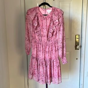 Rachel Parcell pink floral ruffle dress with silver thread detail.